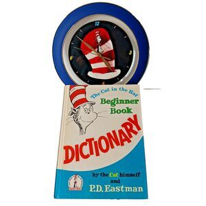 Dr. Seuss Cat in the Hat Wall Clock + Beginner Book Dictionary P.D. Eastman Lot